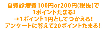 自費診療費100円or200円で1ポイントたまる！→1ポイント1円としてつかえる！アンケートに答えて20ポイントたまる！